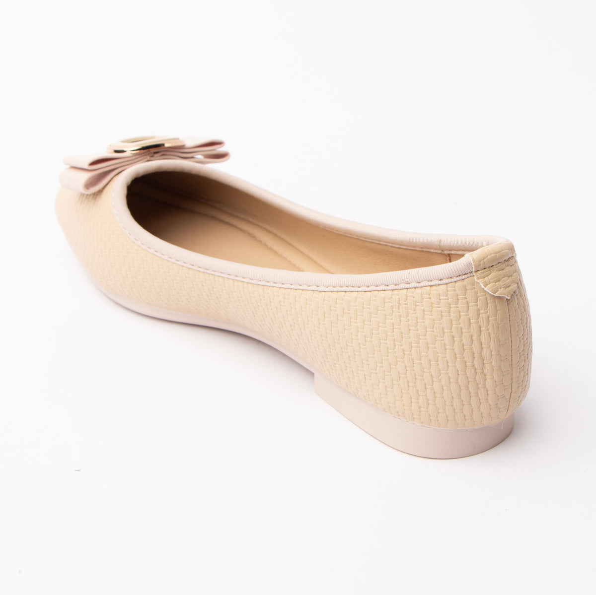 Khaki woven ballerina flats for women, back view showing the heel counter