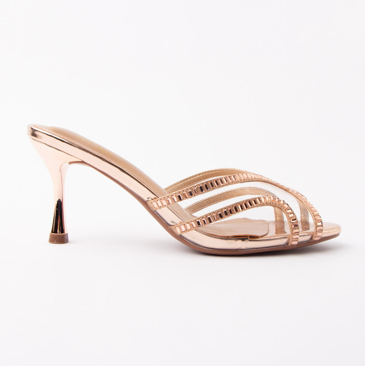 Champagne mules for women, side view