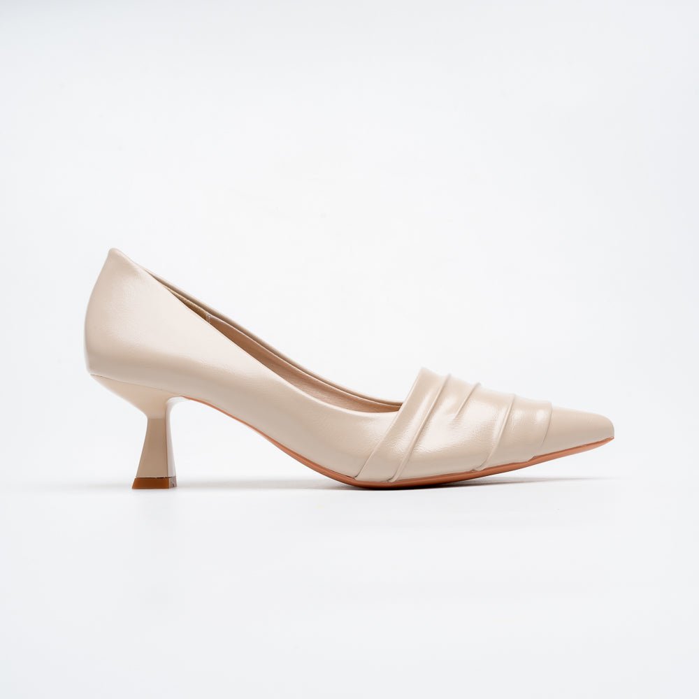 The Pleat - Beige Pointed Kitten Heel Pump