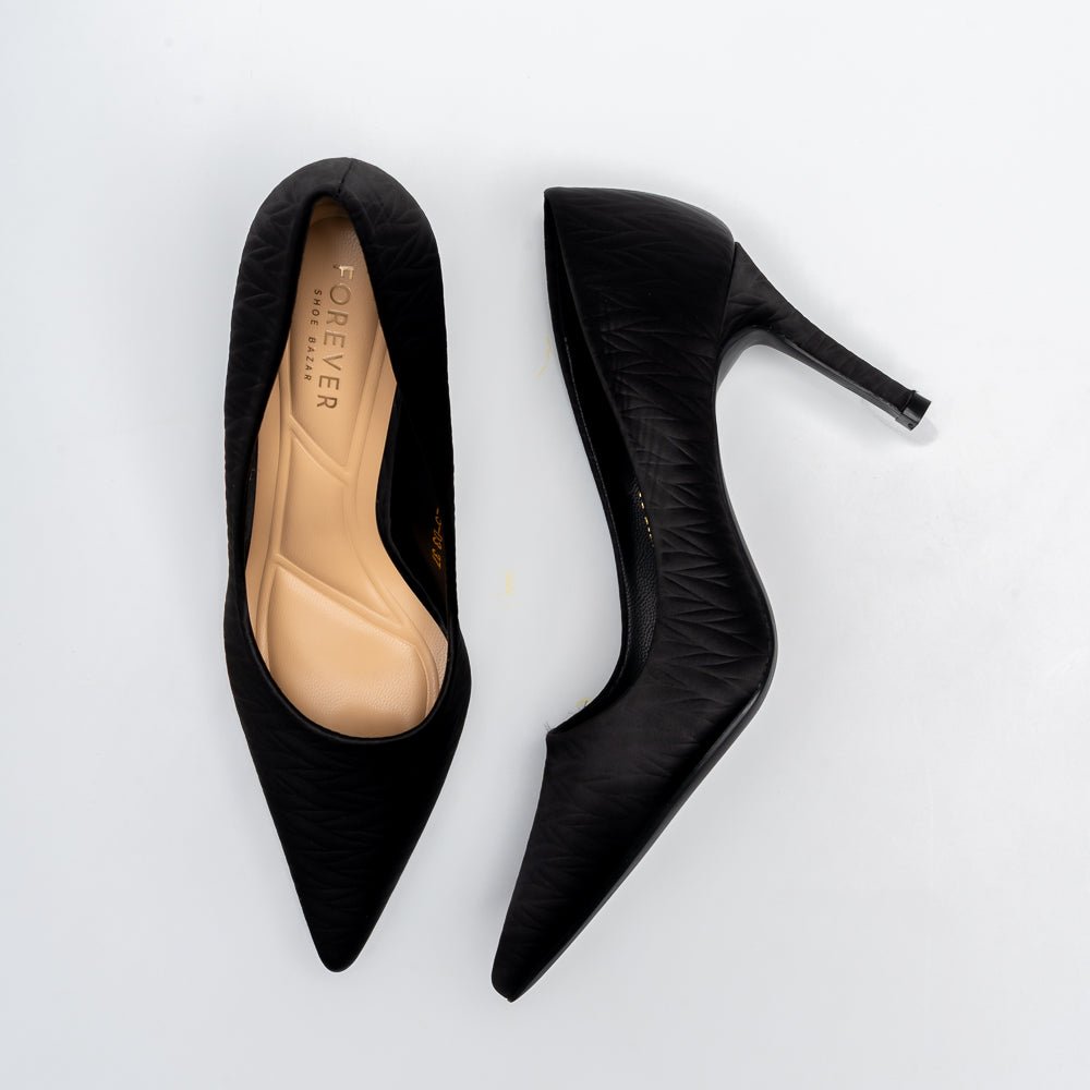 Textured Pointed Toe Stiletto Pumps - Black - view 4