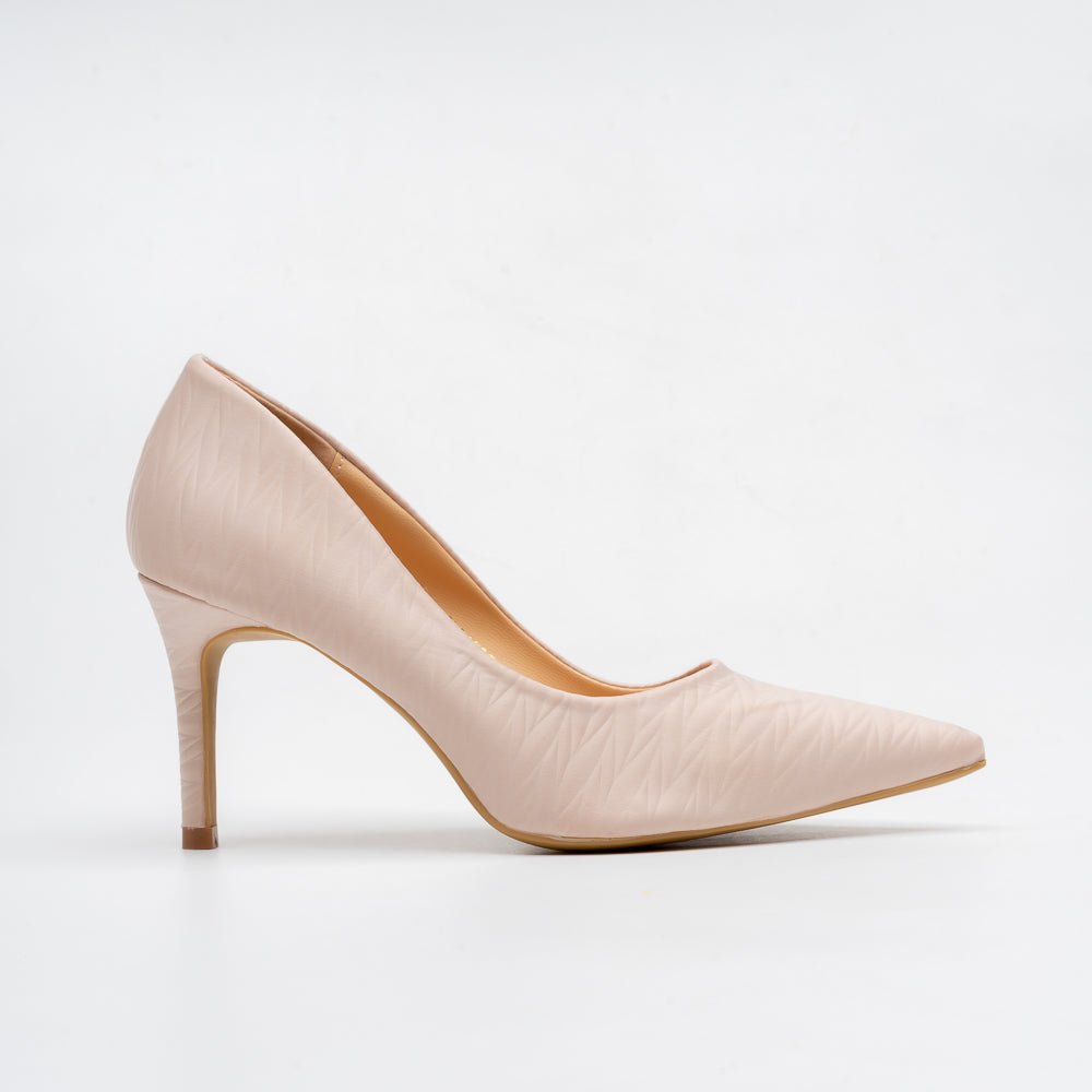 Textured Pointed Toe Stiletto Pumps - Beige