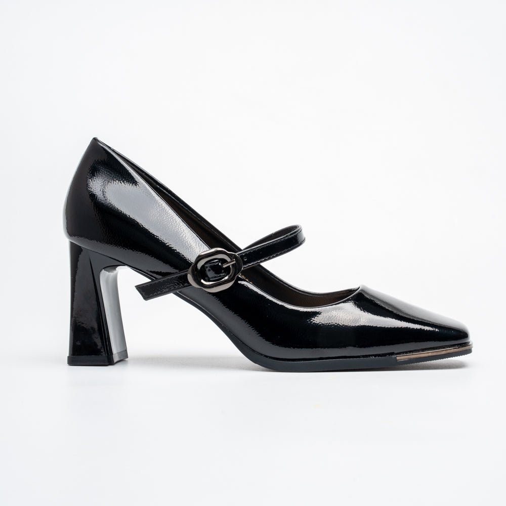 Pearl Ivory Mary Jane Block Heel Pumps - Black