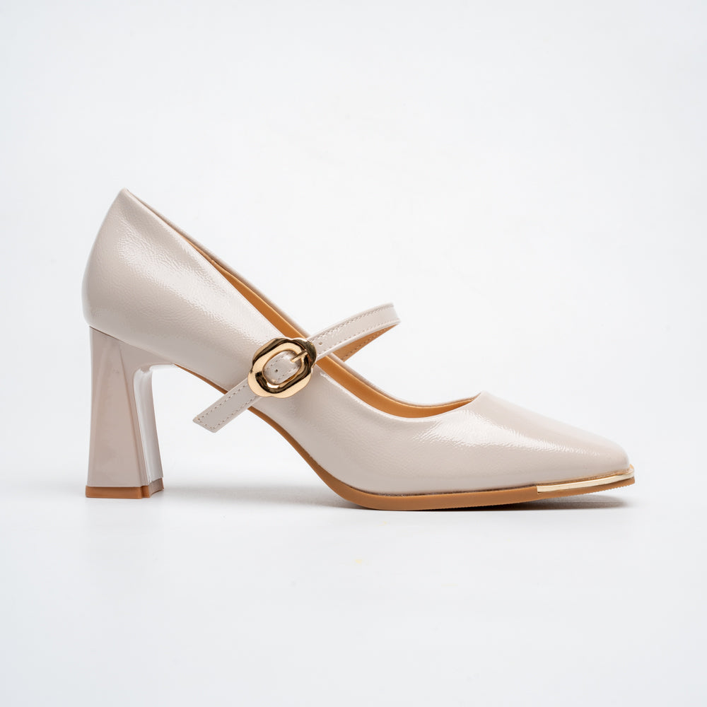 Pearl Ivory Mary Jane Block Heel Pumps - Beige