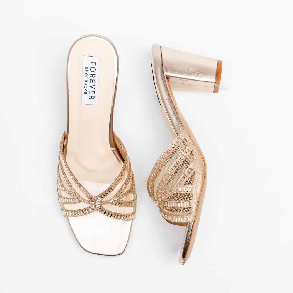 Gilded Mesh Dream - Gold Block Heel Slippers - view 4