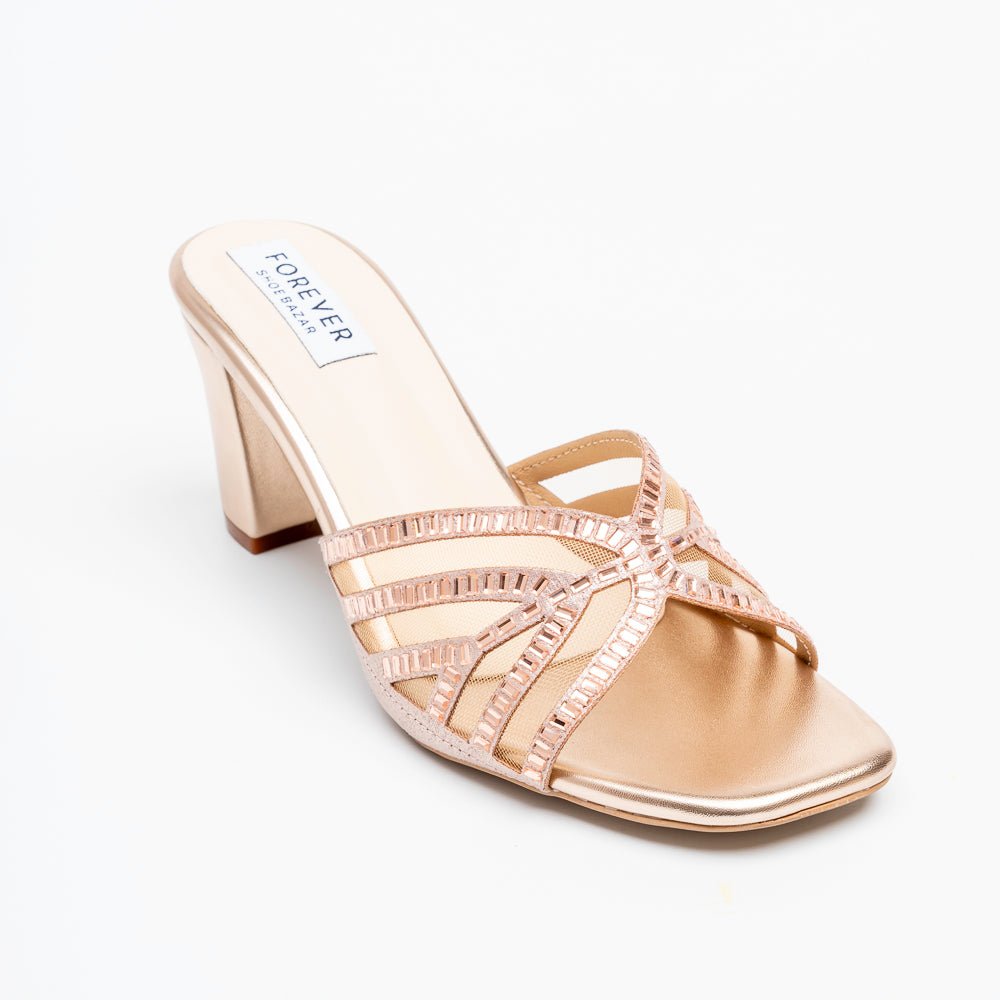 Gilded Mesh Dream - Champagne Block Heel Slippers