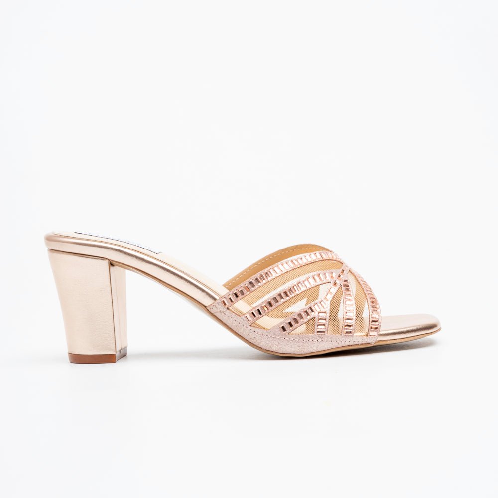 Gilded Mesh Dream - Champagne Block Heel Slippers - view 2