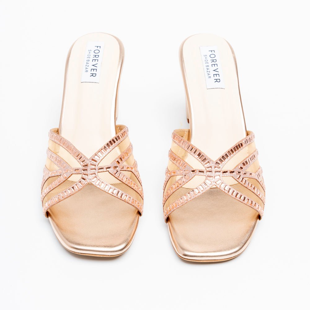 Gilded Mesh Dream - Champagne Block Heel Slippers - view 3