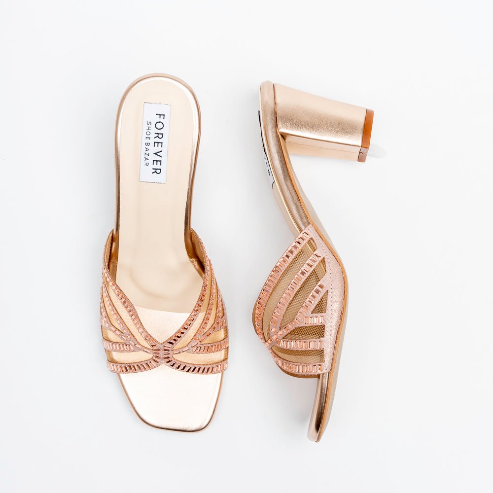Gilded Mesh Dream - Champagne Block Heel Slippers - view 4