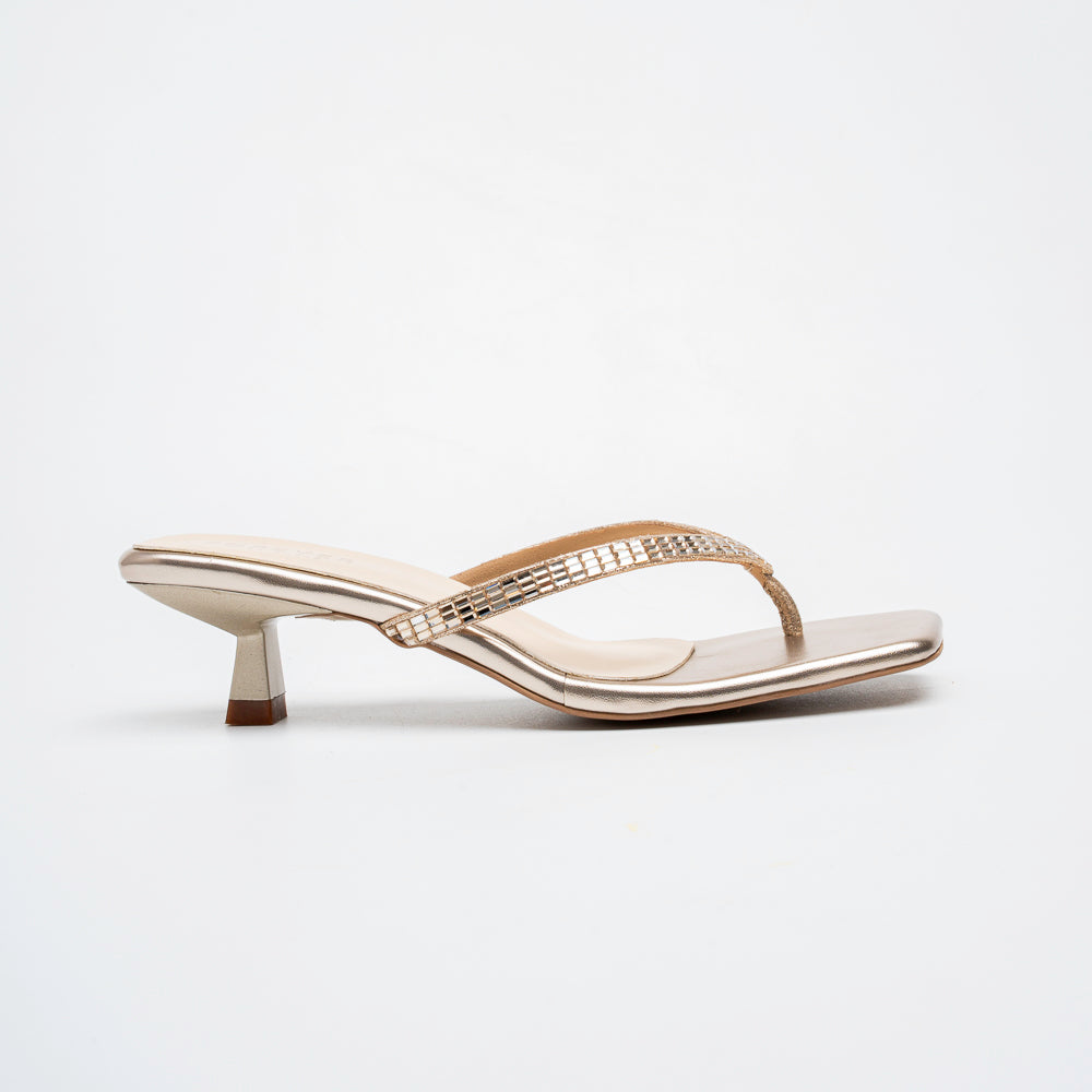 Valira Crystal V-Strap Kitten Heels - Gold