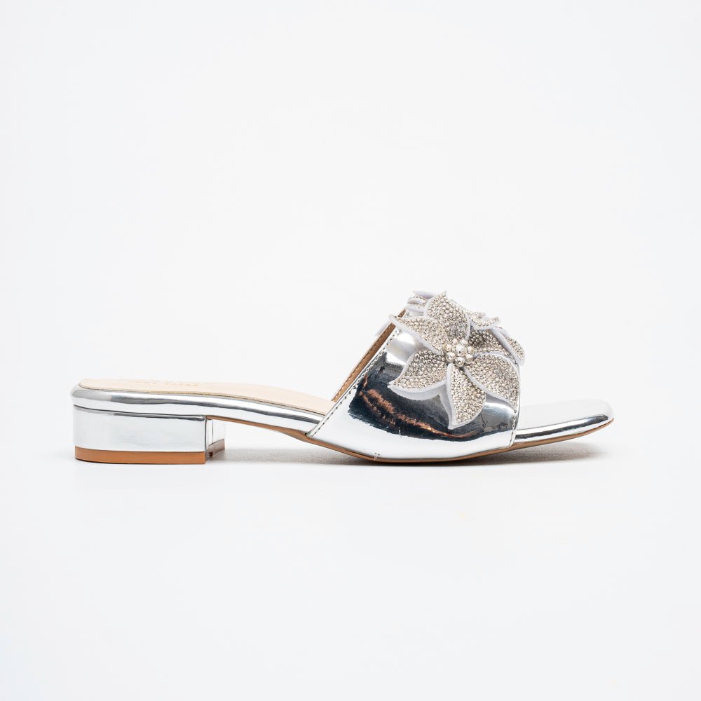 Noir Bloom Crystal Mules - Silver