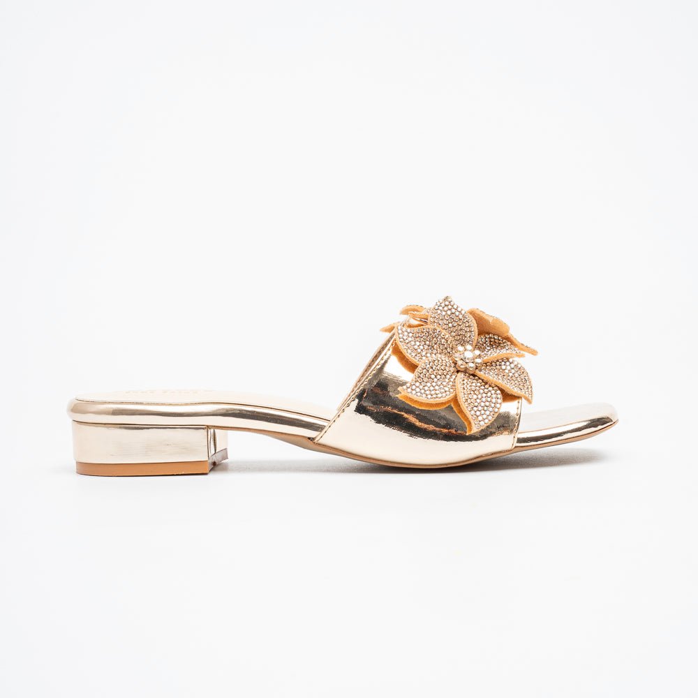 Noir Bloom Crystal Mules - Gold
