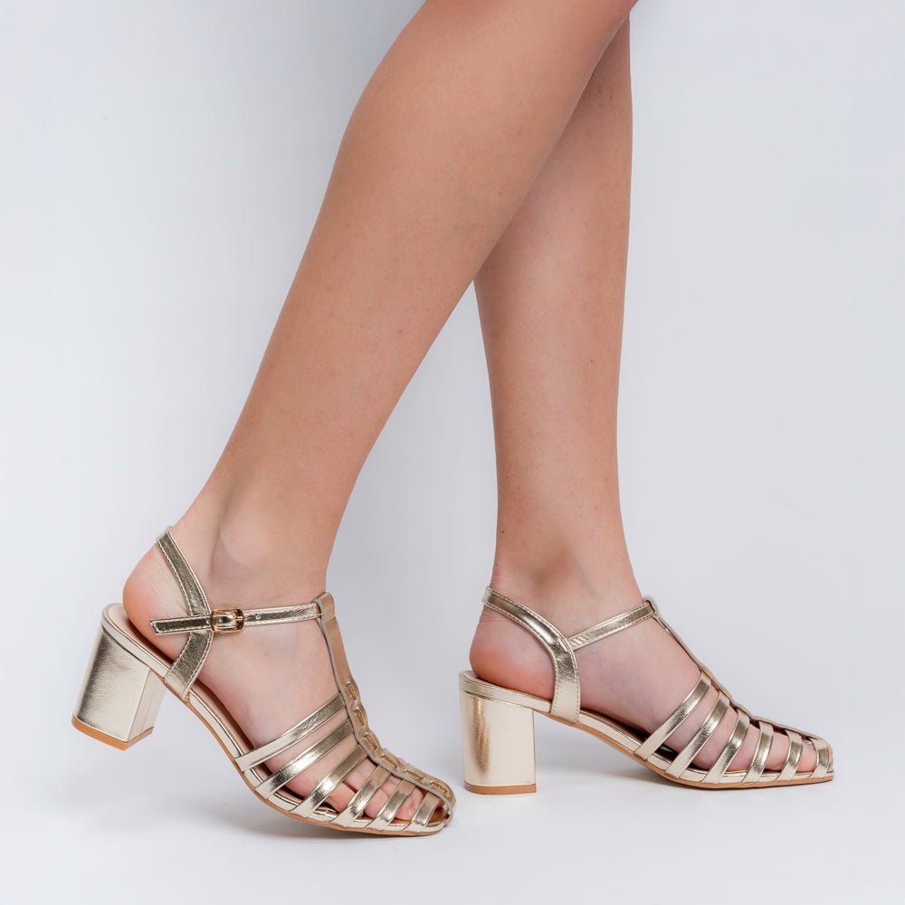 Gold strappy caged block heel sandals for women with ankle buckle – Forever Shoe Bazar