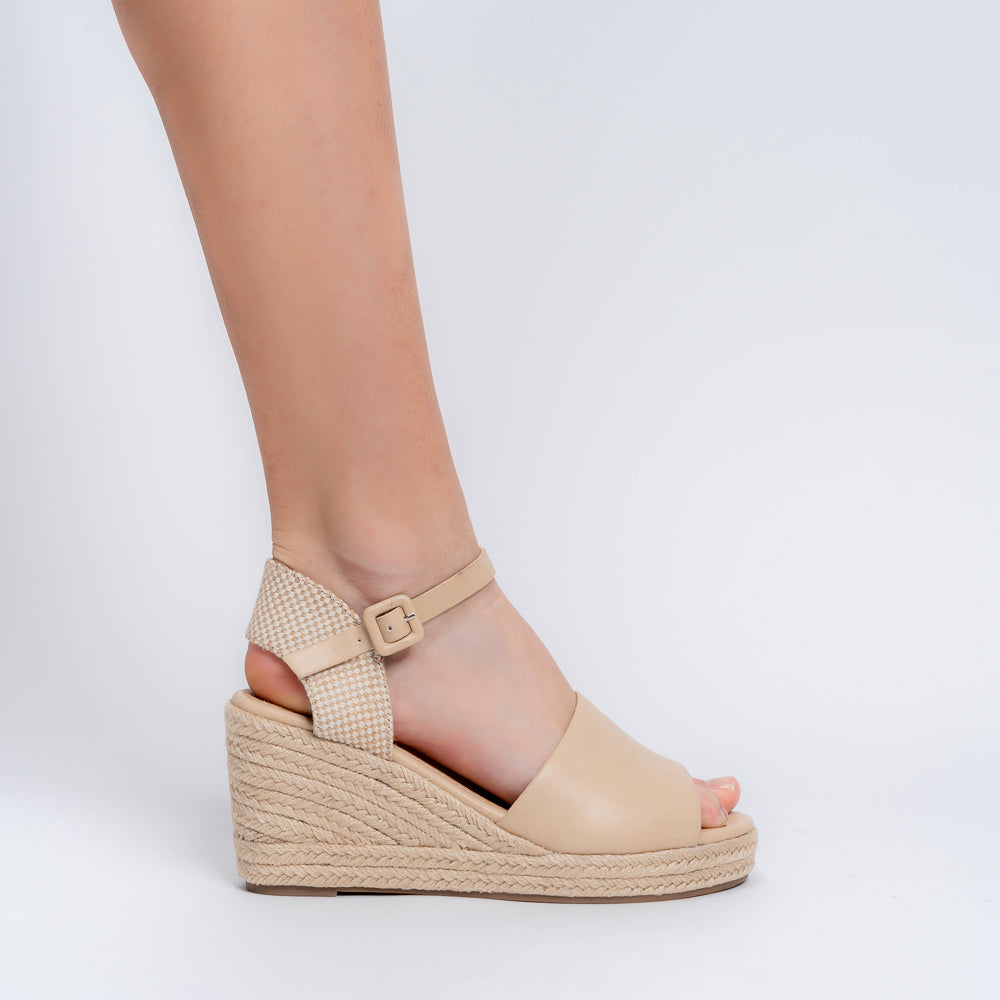 Beige braided espadrille platform heels for women styled for casual summer wear