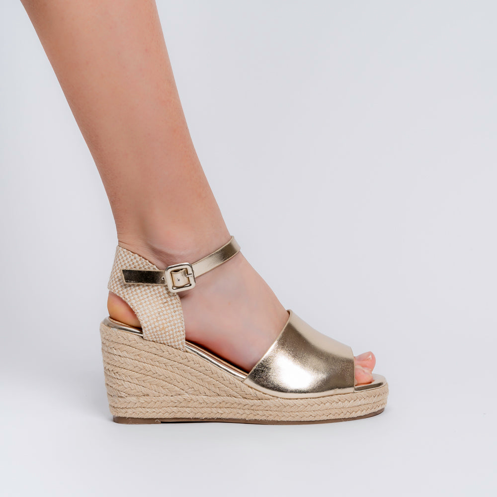 Beige gold woven wedge sandals for women with cushioned footbed and buckle ankle strap