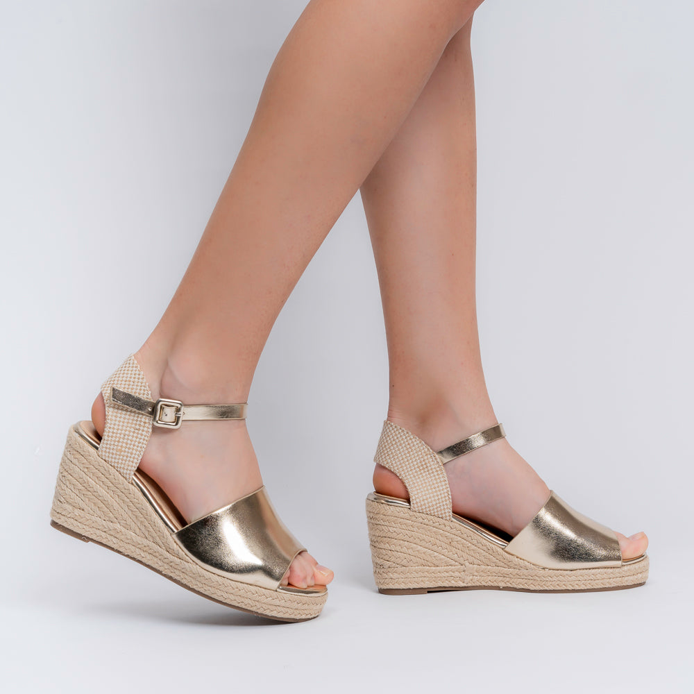 Beige gold braided espadrille wedge heels for women with woven jute platform and ankle strap – Forever Shoe Bazar