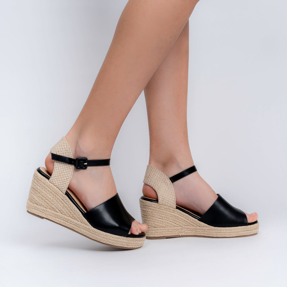 Black braided espadrille wedge heels for women with woven jute platform and ankle strap – Forever Shoe Bazar