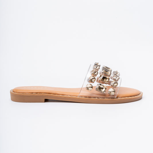 Crystal Clear Luxe Slides - Gold Flats