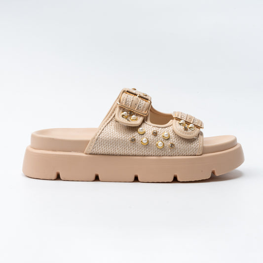 Diva Dual Buckle - Beige Slides