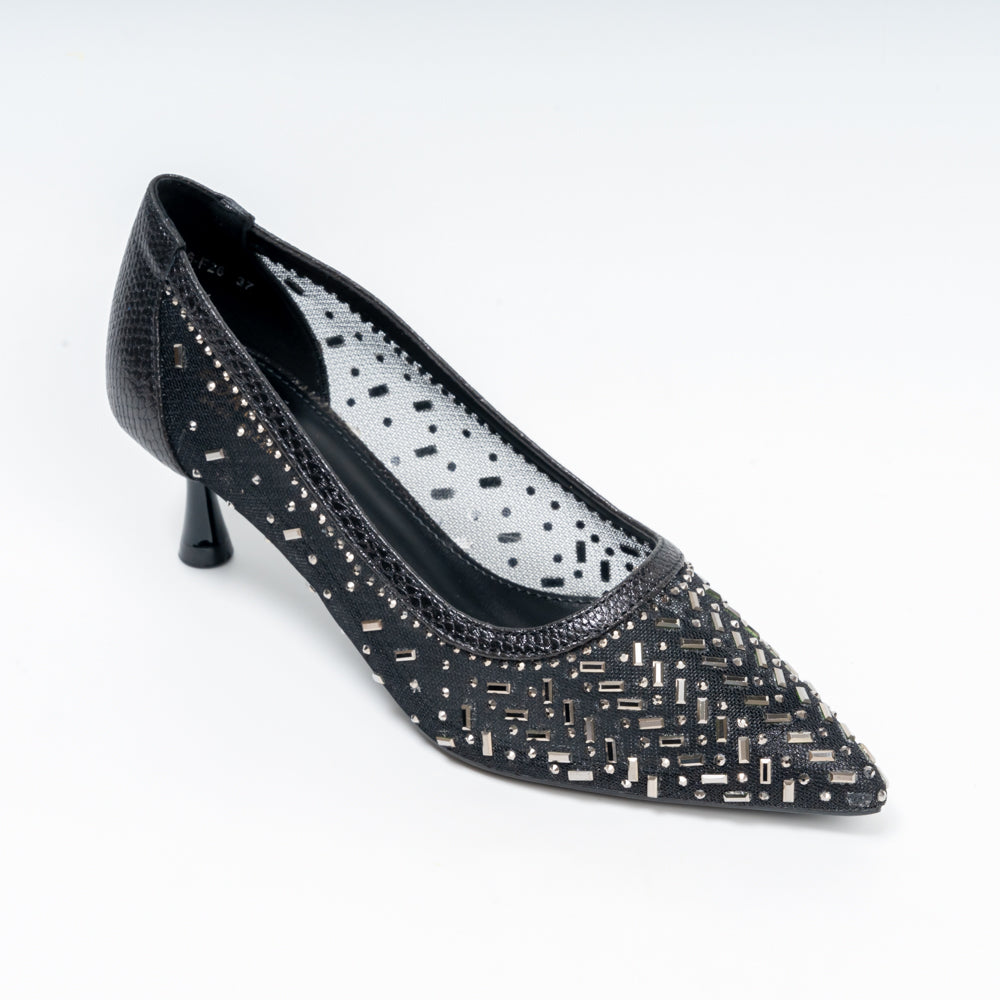 Aurevia Crystal Mesh Pointed Toe Kitten Heels - Black - view 2