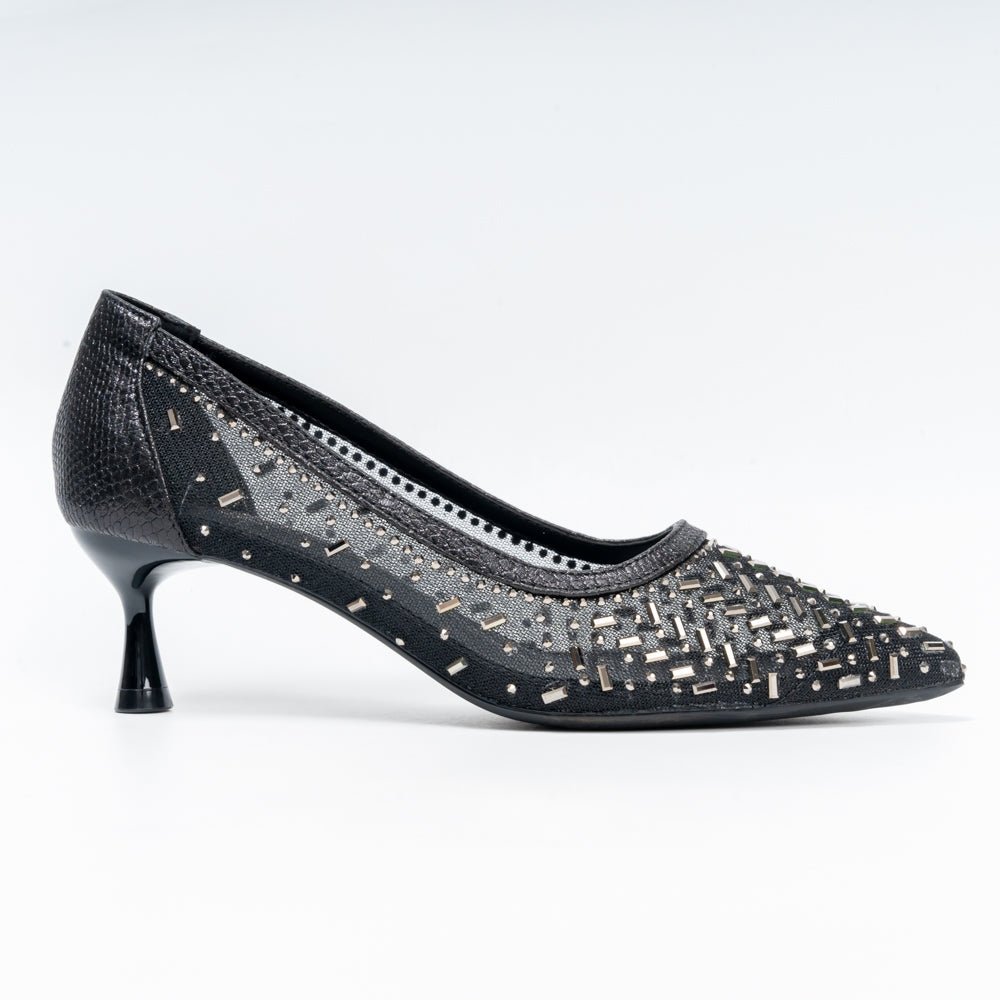 Aurevia Crystal Mesh Pointed Toe Kitten Heels - Black