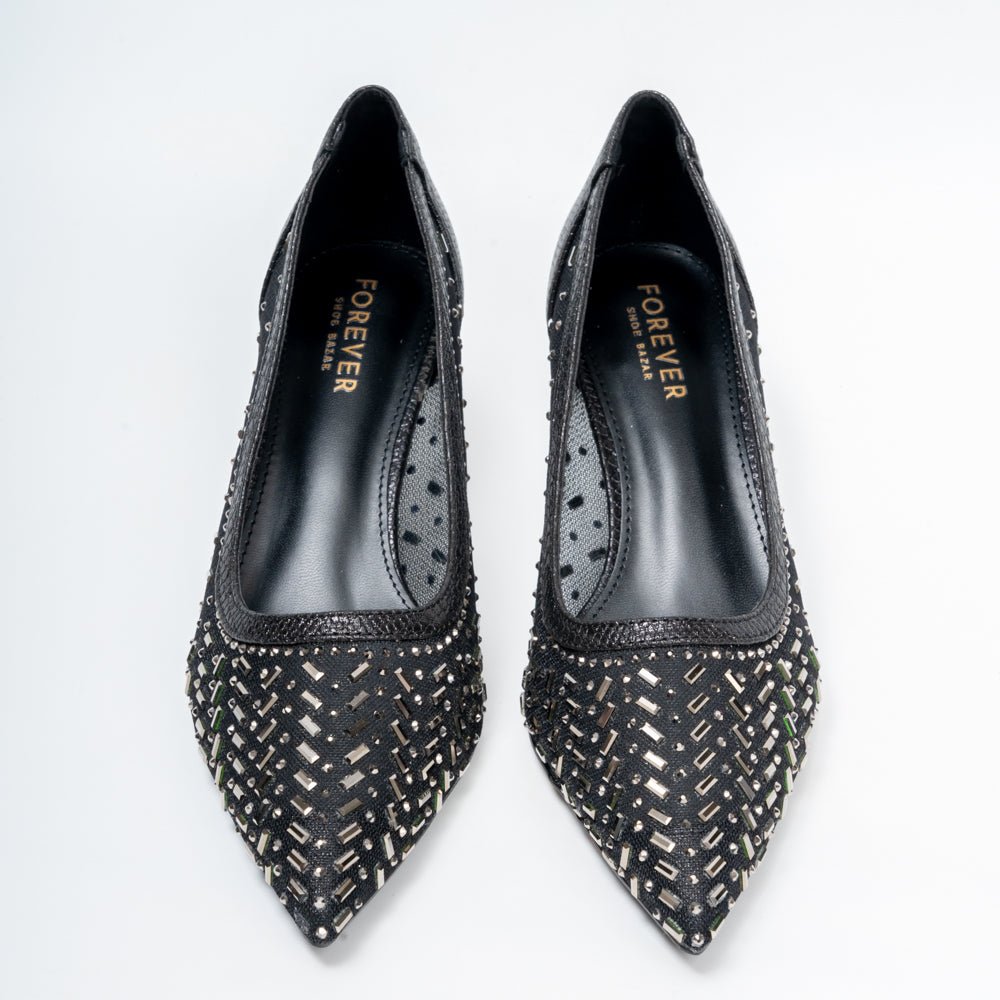 Aurevia Crystal Mesh Pointed Toe Kitten Heels - Black - view 4