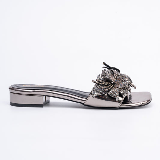 Flowers From Hell 2.o - Gun Metal Elegant Small Heel Slipper