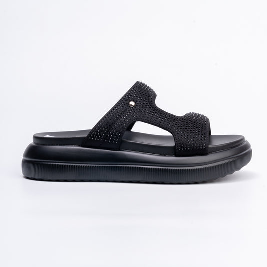 Eleven On Ten - Black Casual Slipper with Rhinestones
