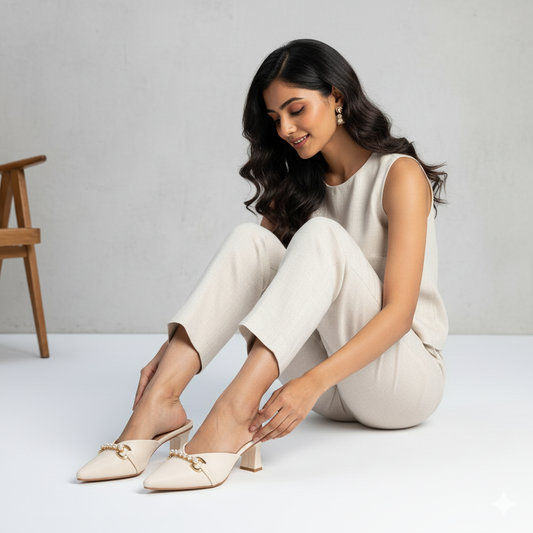 Pearl Embellished - Beige Mules