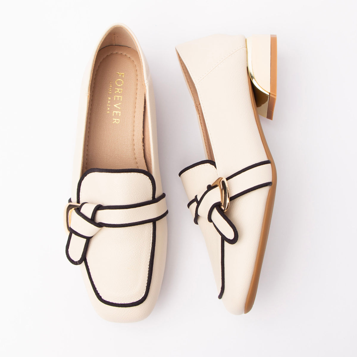 Beige piped block heel loafers for women with a cushioned footbed