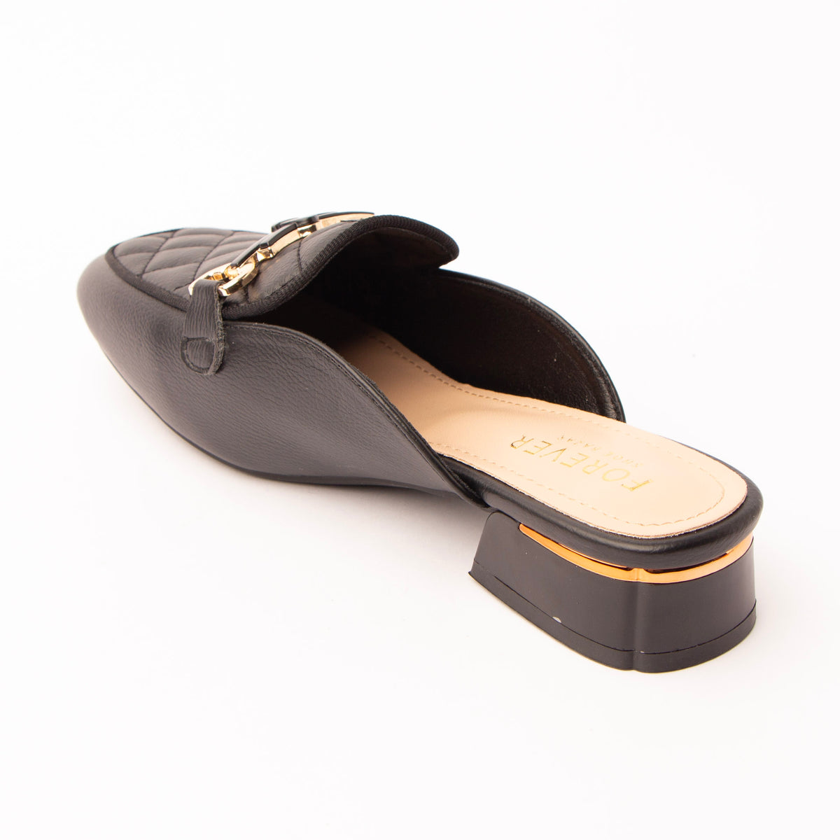 Black quilted loafer mules for women, back view showing the heel