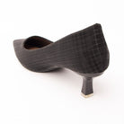 Black check print kitten heels for women with cushioned footbed, side view