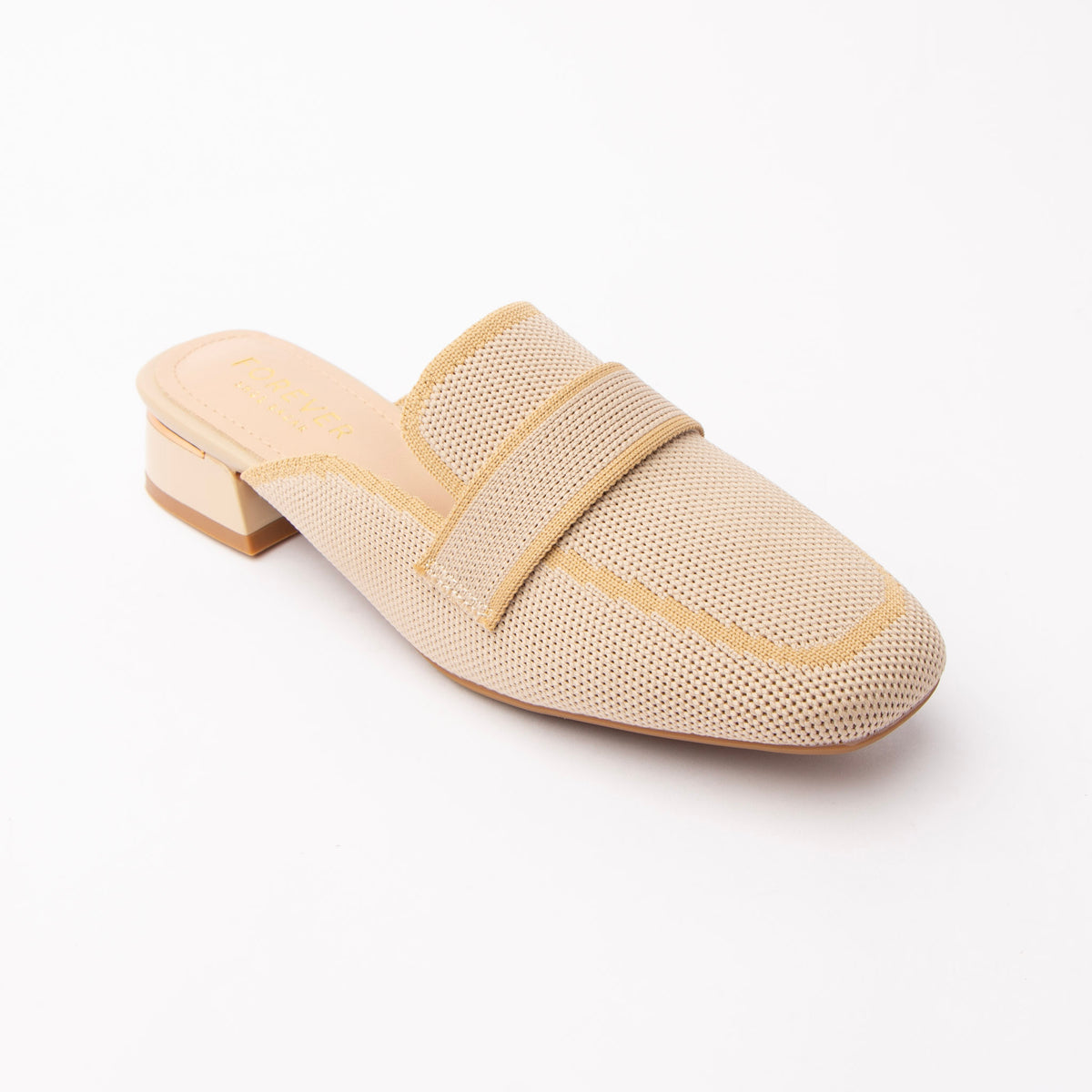 Beige knit loafer mules styled for casual wear