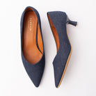 Navy blue denim kitten heels for women with a cushioned footbed
