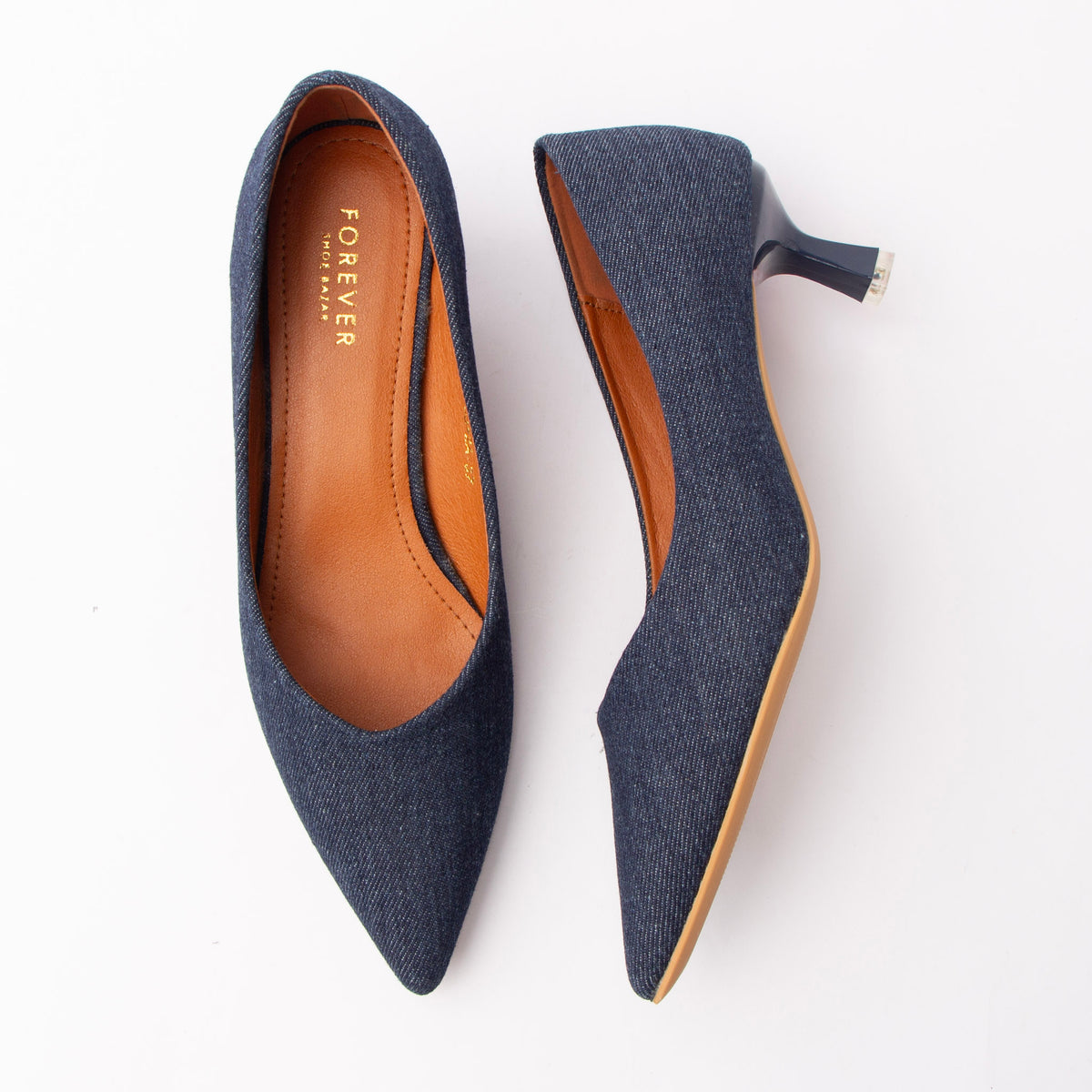 Navy blue denim kitten heels for women with a cushioned footbed
