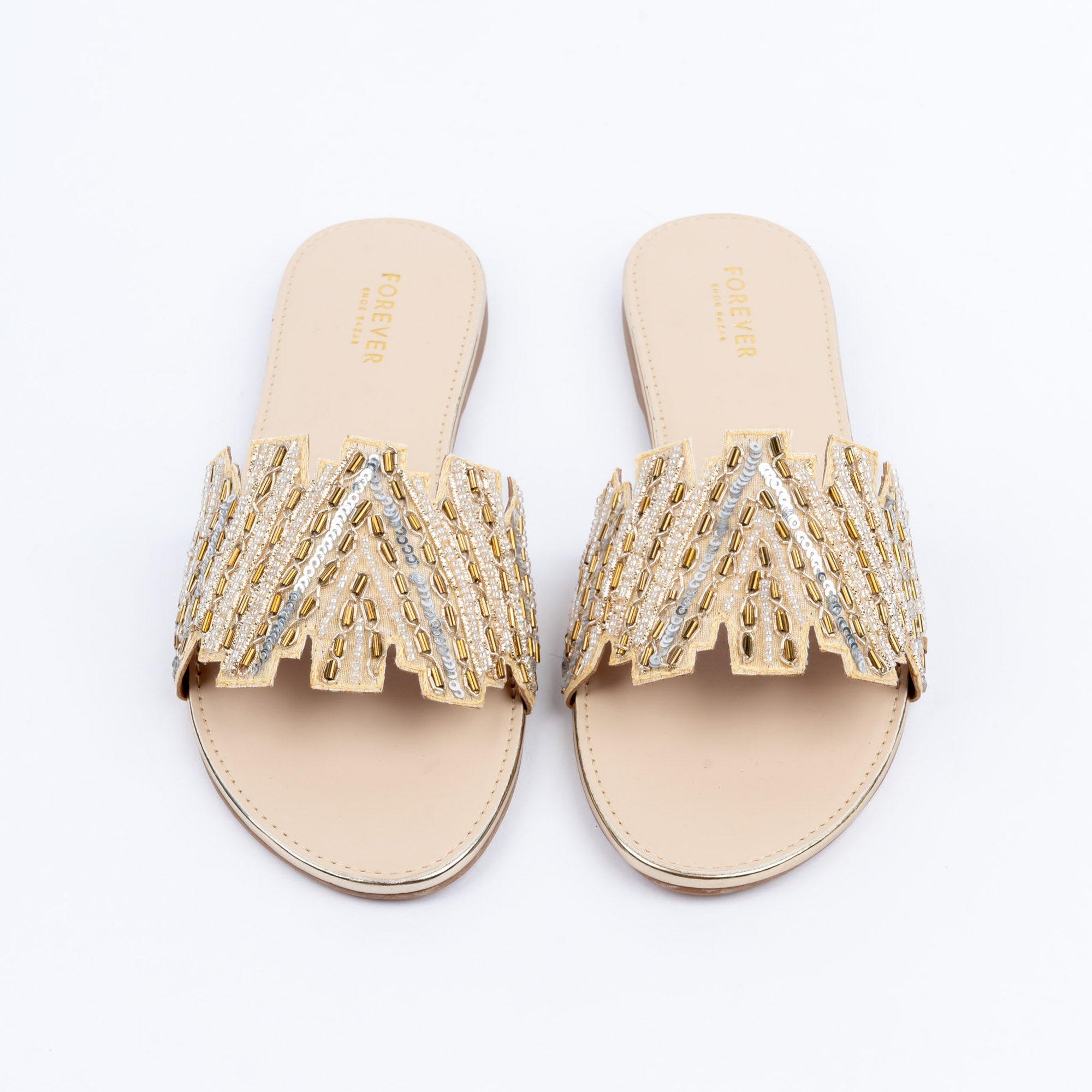 Gold party flats for women, dual-tone metallic accent