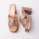 Champagne beaded platform mules for women, rose-tinted champagne metallic upper whose looping vamp bands alternate rows of pinkish crystal pave with beige mesh windows, so the strapwork stays visible against the tonal footbed, finished with a champagne-wrapped platform sole and squared block heel