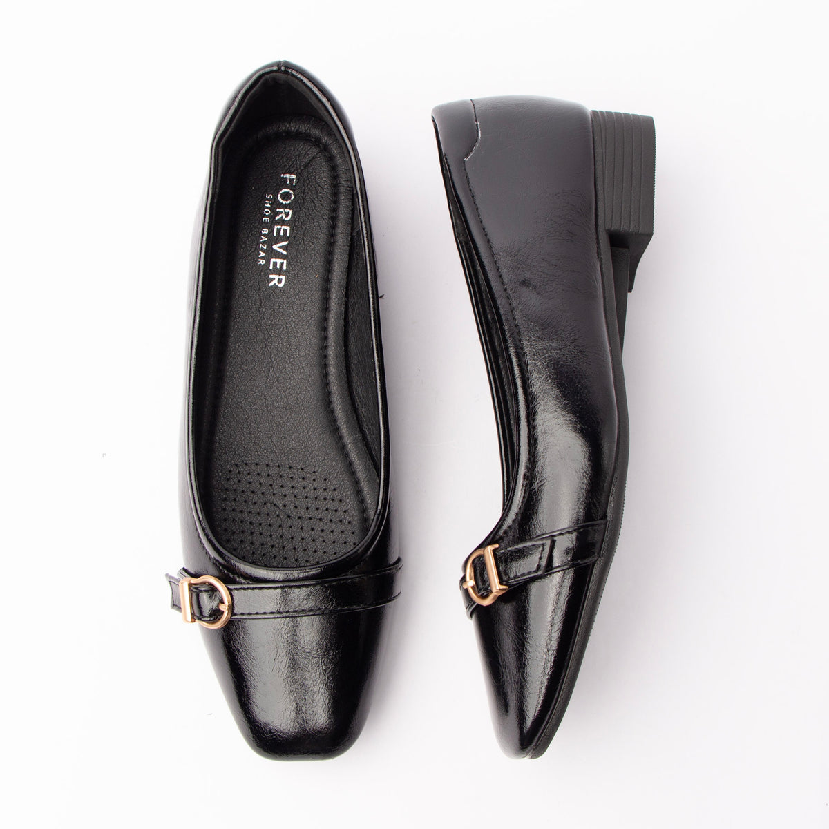 Black buckle ballerinas for women with a cushioned footbed