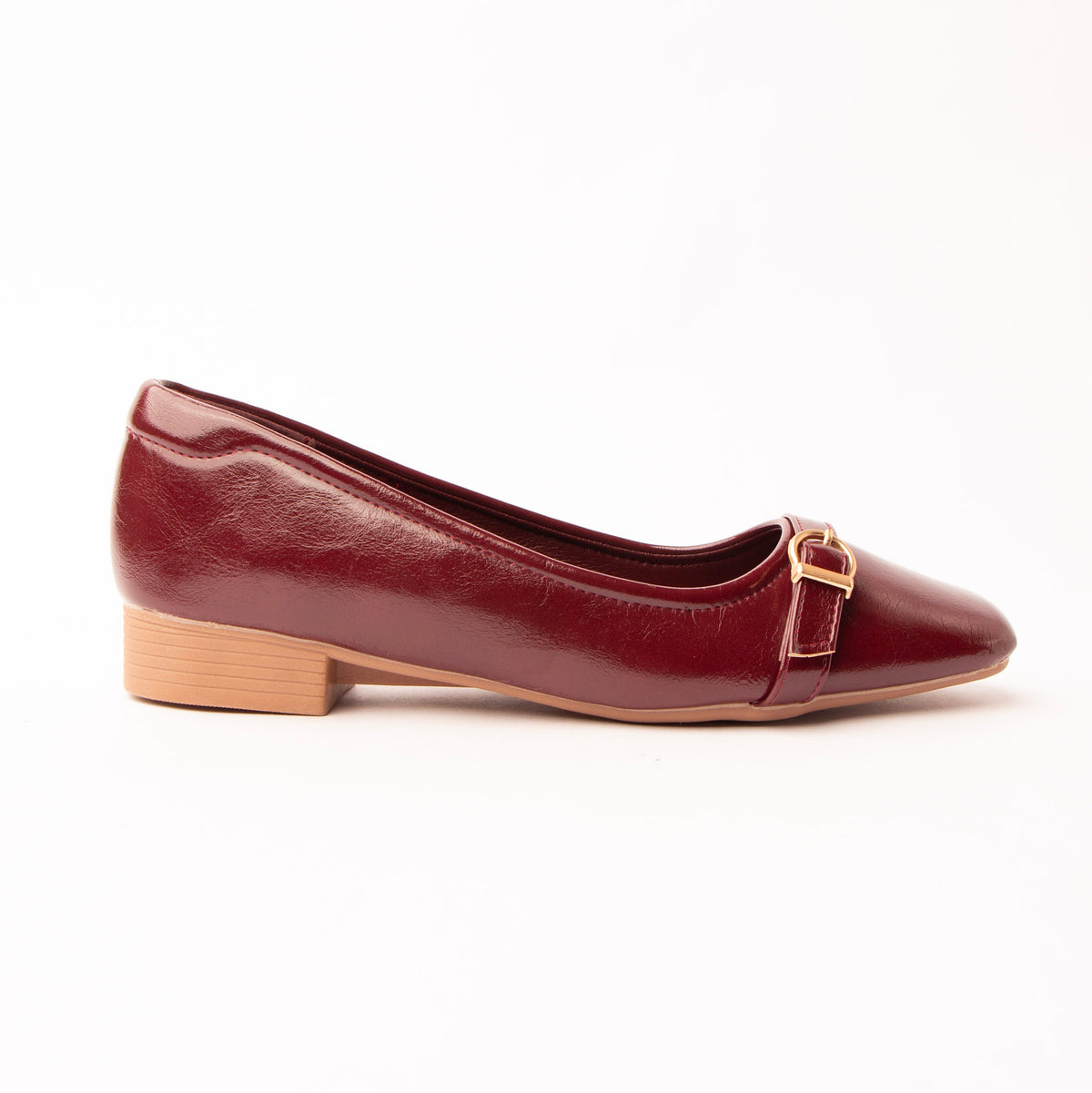 Maroon buckle ballerinas for women, a deep burgundy-wine patent-look ballerina, a narrow matching strap closing through a small gold buckle, on a low stacked heel in natural tan over a burgundy-lined footbed