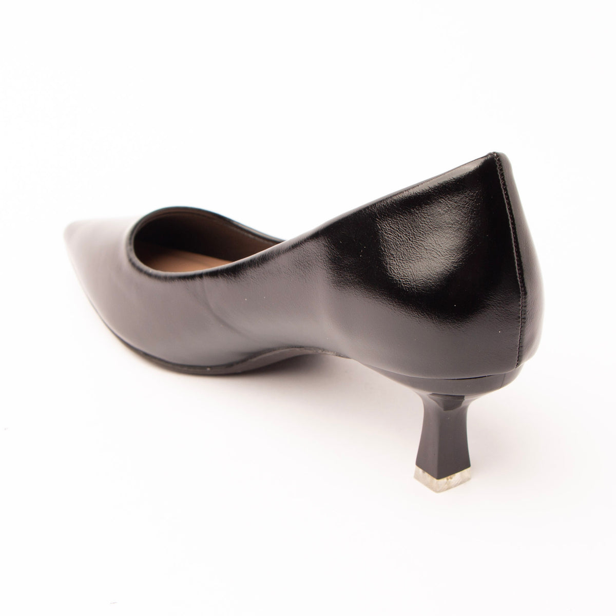 Black pointed court shoes for women, back view showing the heel