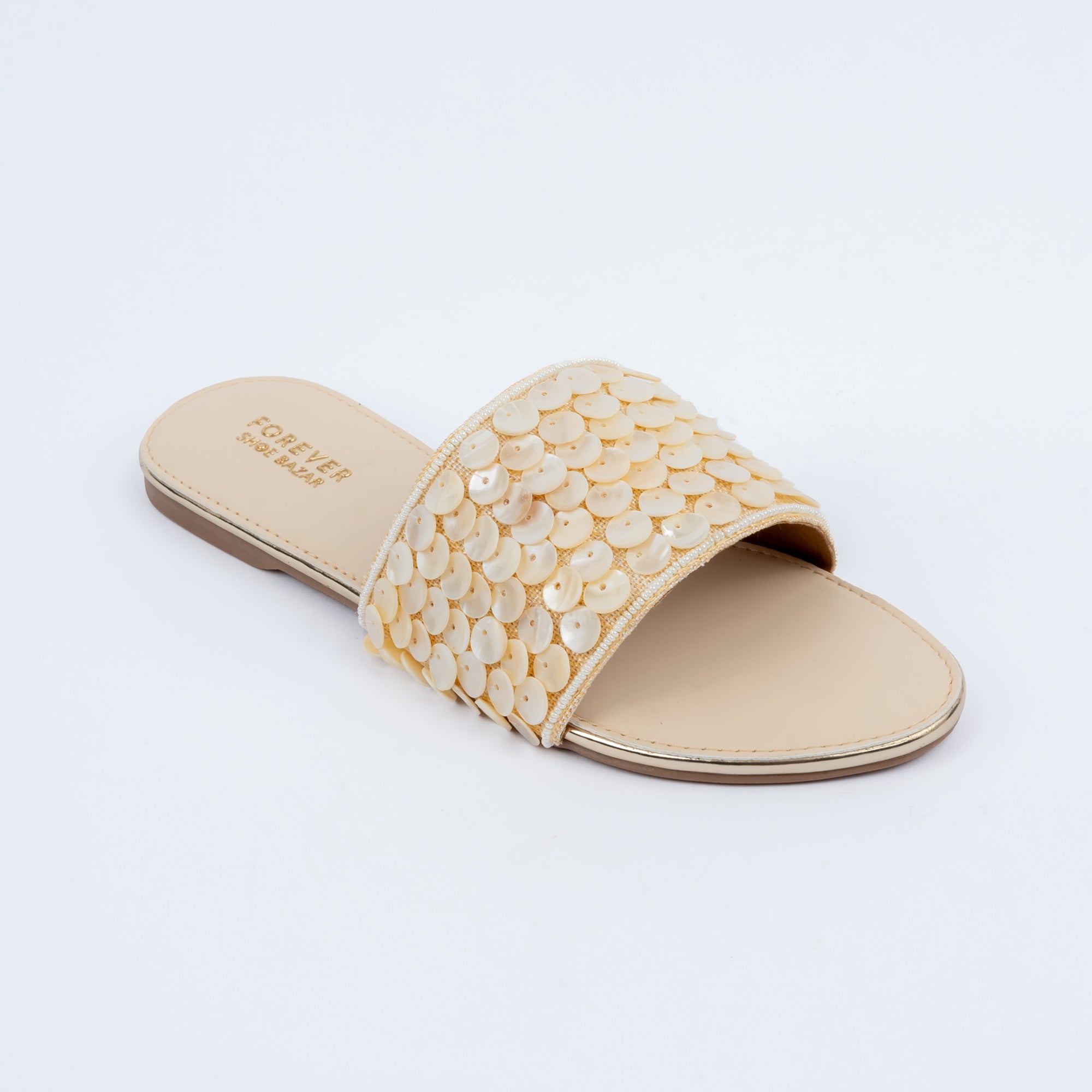 Gold floral embellished flats for women, petal-like shell strap detailing