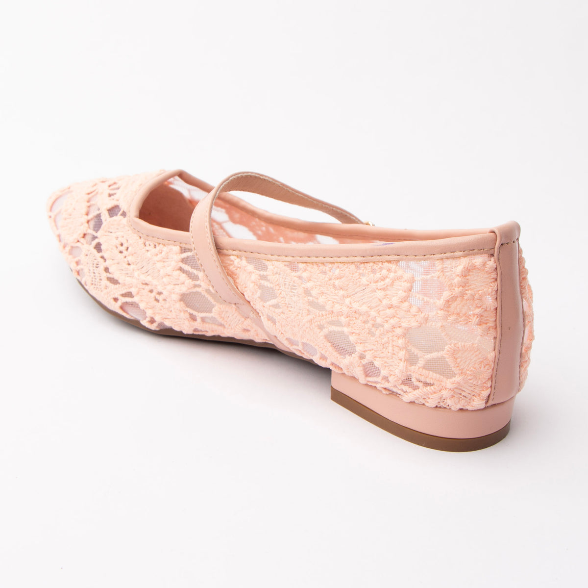 Pink Mary Janes for women, back view showing the heel