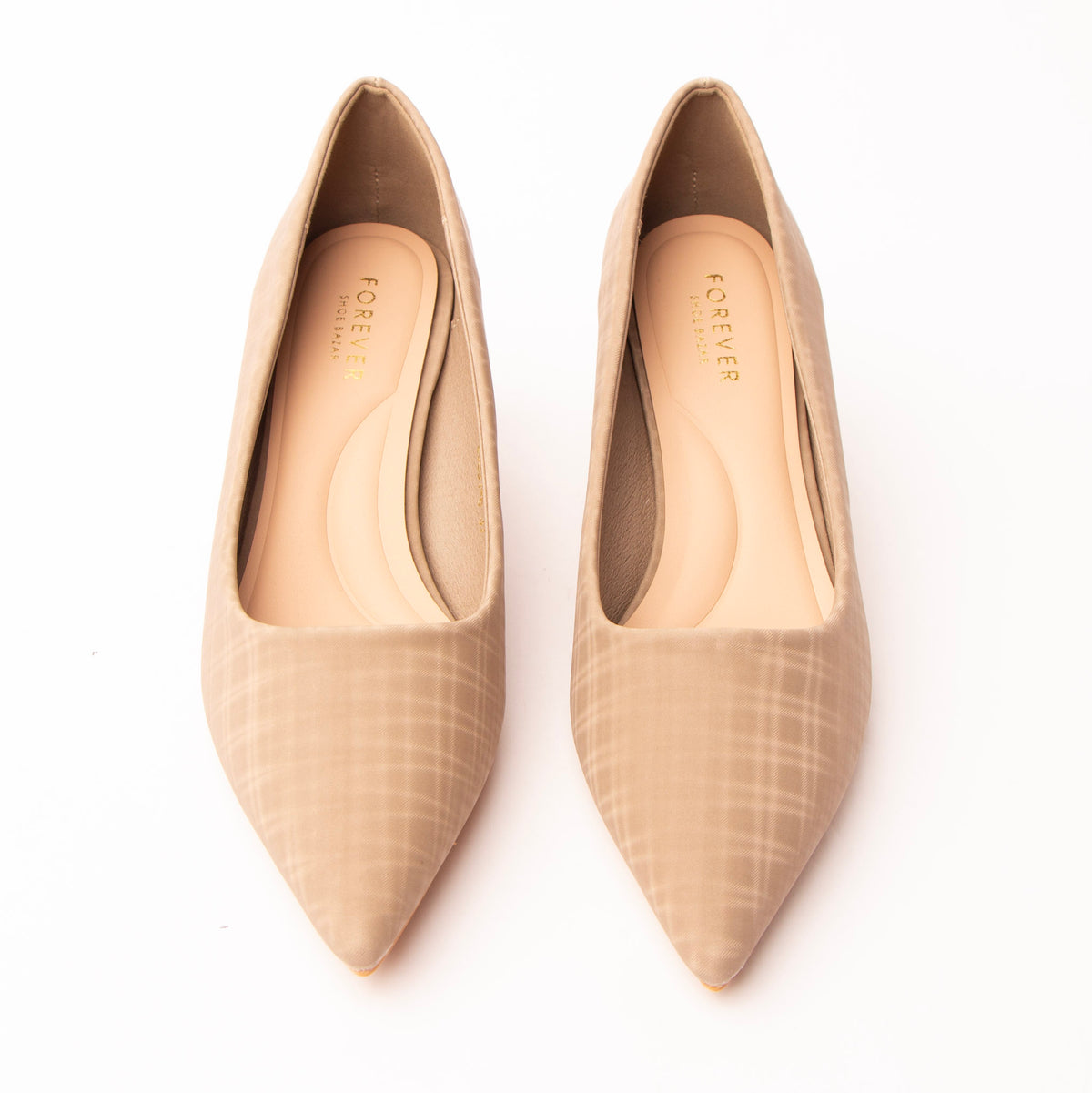 Beige check print kitten heels styled for everyday wear