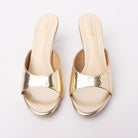 Gold snake print kitten heel mules for women with cushioned footbed, side view