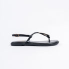 Black flat sandals for women with cushioned footbed, side view