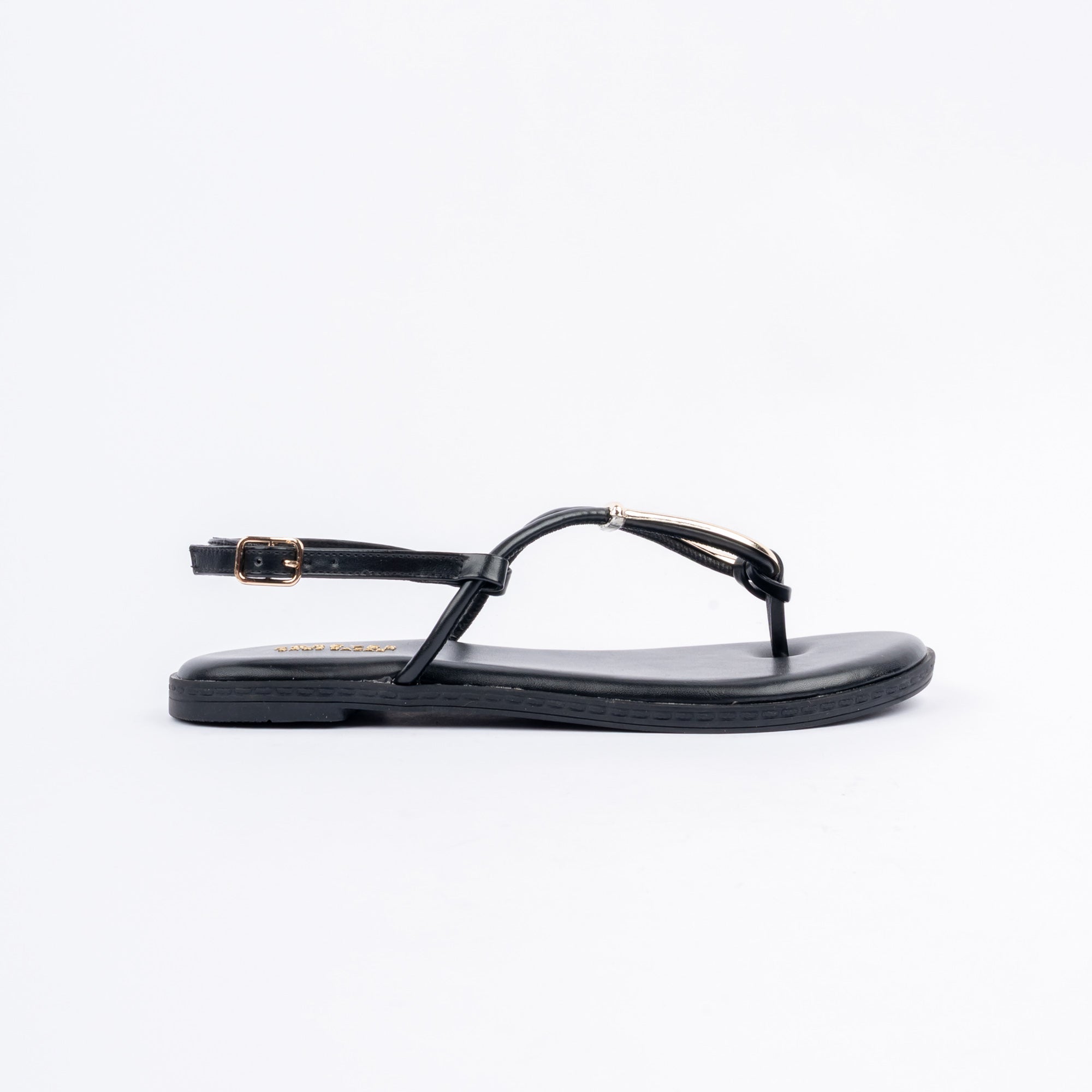 Black flat sandals for women with cushioned footbed, side view