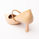Beige mary jane pumps for women with cushioned footbed, side view