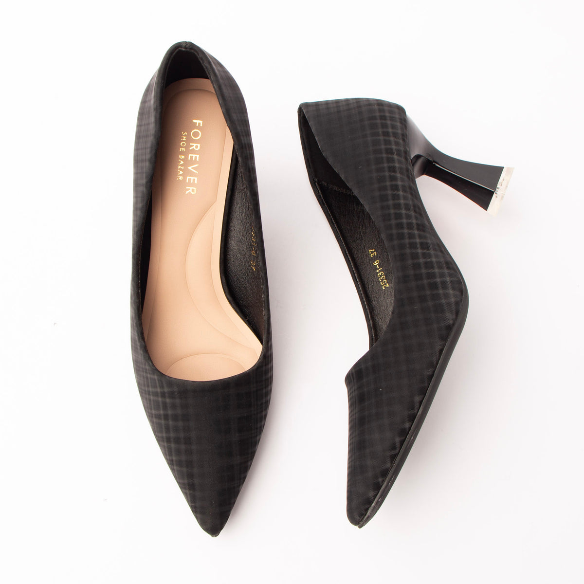Black check print court shoes for women with a cushioned footbed