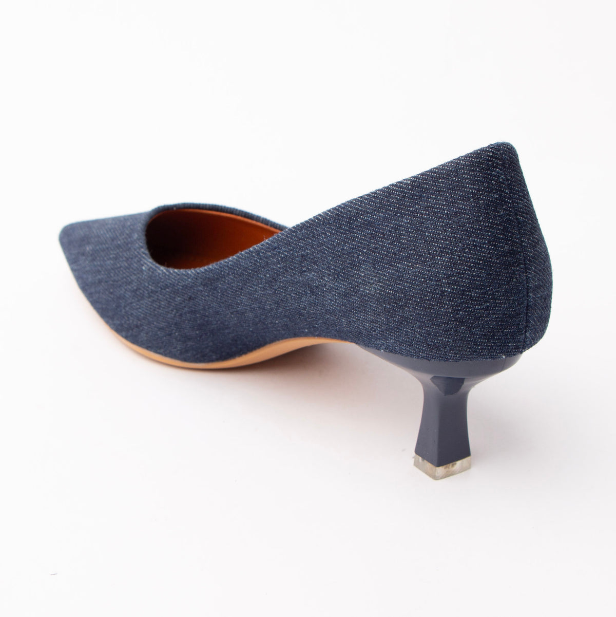 Navy blue denim kitten heels for women, back view showing the heel
