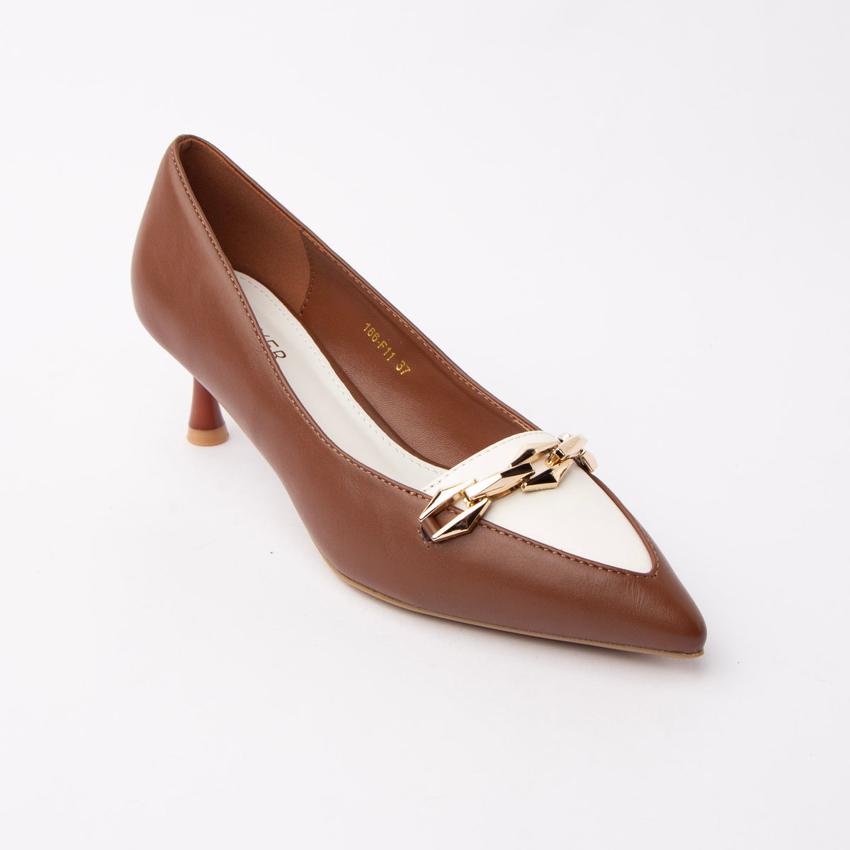 Brown chain link pumps styled for casual wear