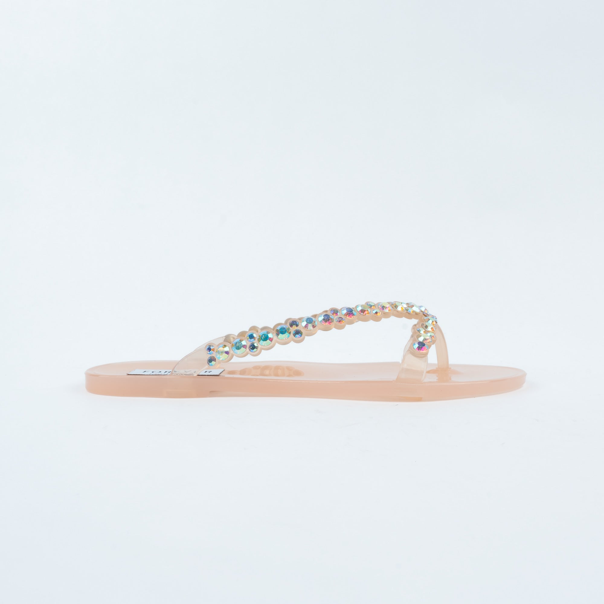 Beige flat sandals for women with cushioned footbed, side view